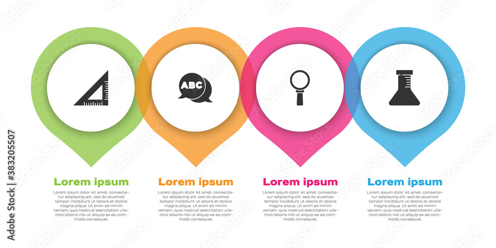 Set Triangular ruler, Alphabet, Magnifying glass and Test tube and flask. Business infographic templ