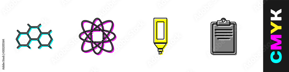 Set Chemical formula, Atom, Marker pen and Clipboard with checklist icon. Vector.