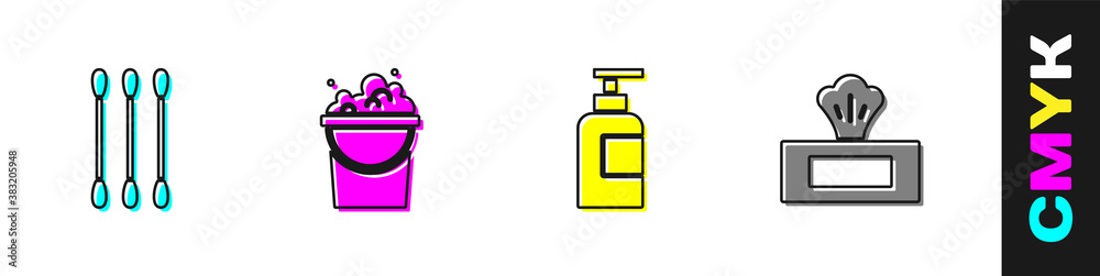 Set Cotton swab for ears, Bucket with soap suds, Bottle of shampoo and Wet wipe pack icon. Vector.