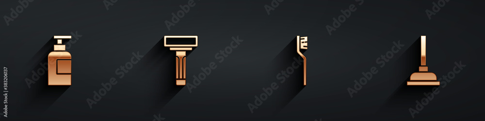 Set Bottle of shampoo, Shaving razor, Toothbrush and Rubber plunger icon with long shadow. Vector.