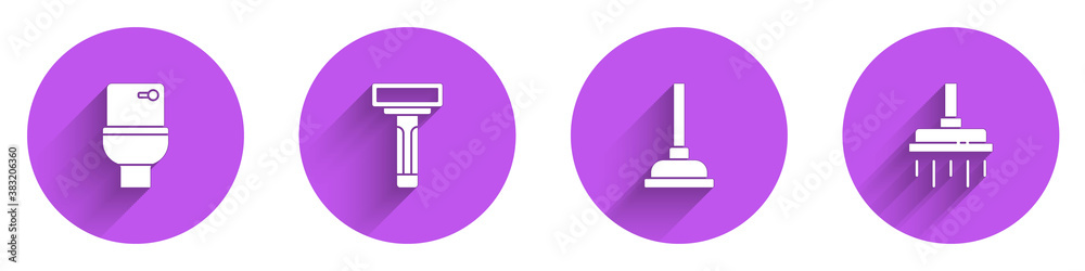 Set Toilet bowl, Shaving razor, Rubber plunger and Shower head icon with long shadow. Vector.