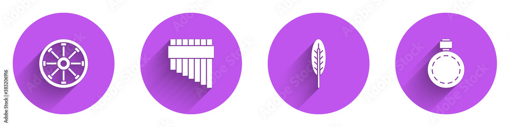 Set Old wooden wheel, Pan flute, Indian feather and Canteen water bottle icon with long shadow. Vect