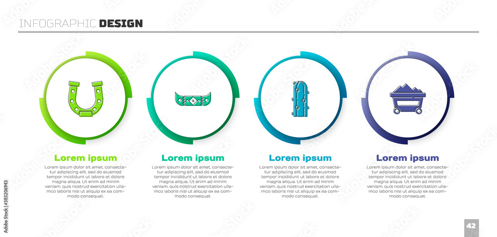 Set Horseshoe, Kayak canoe and paddle, Cactus and Coal mine trolley. Business infographic template. 