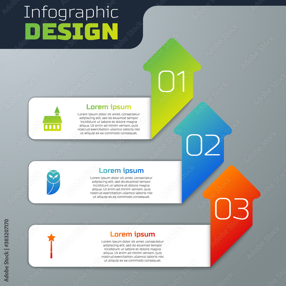 Set Castle, Owl and Magic wand. Business infographic template. Vector.