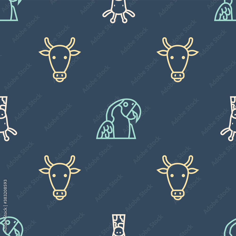 Set line Giraffe head, Cow and Macaw parrot on seamless pattern. Vector.