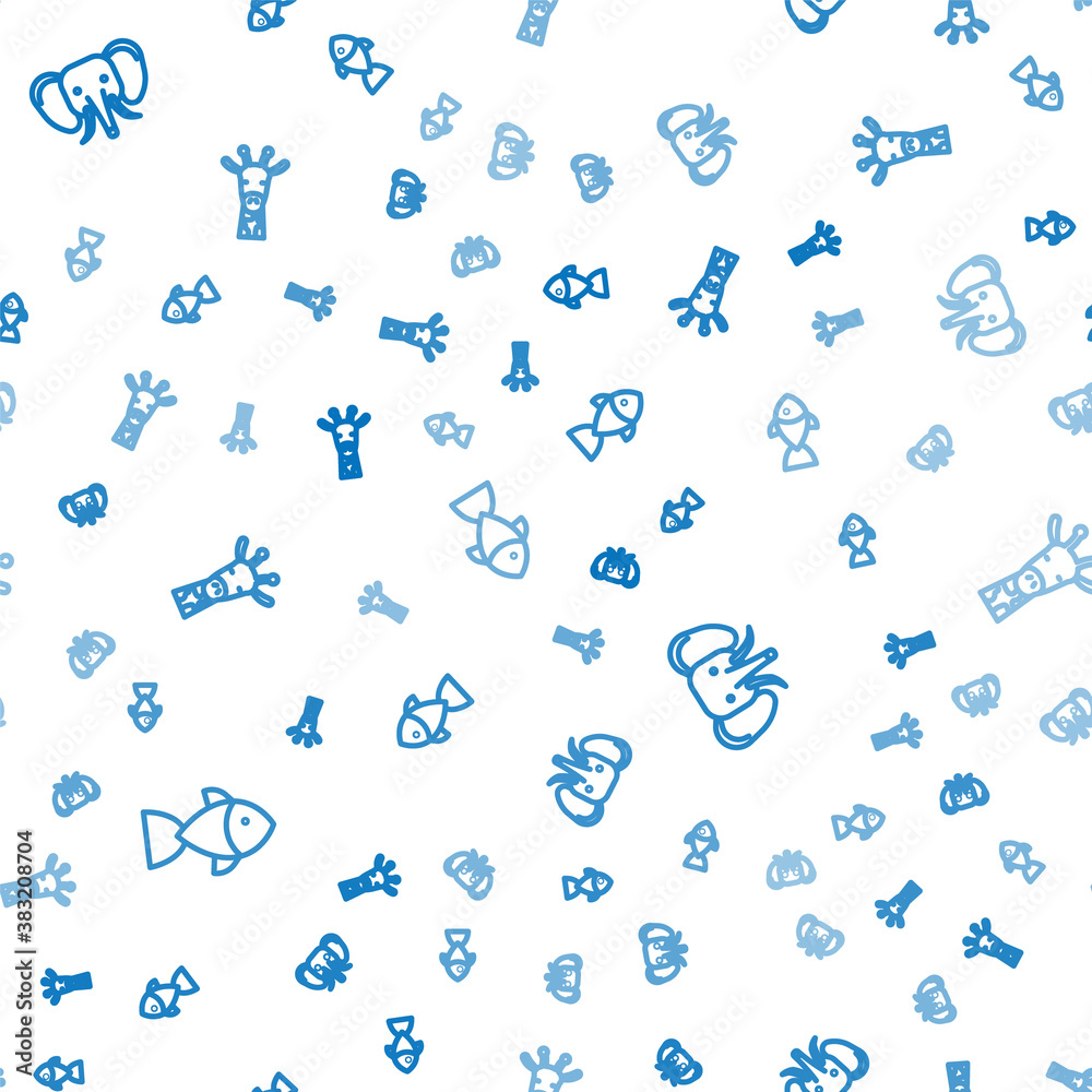 Set line Fish, Elephant and Giraffe head on seamless pattern. Vector.