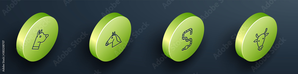 Set Isometric Dog head, Horse, Worm and Cow icon. Vector.