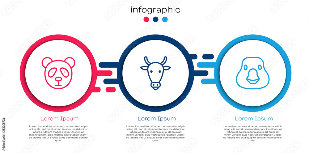 Set line Cute panda face, Cow head and Goose bird. Business infographic template. Vector.