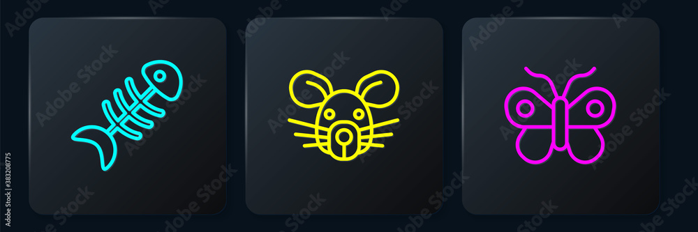 Set line Fish skeleton, Butterfly and Rat head. Black square button. Vector.