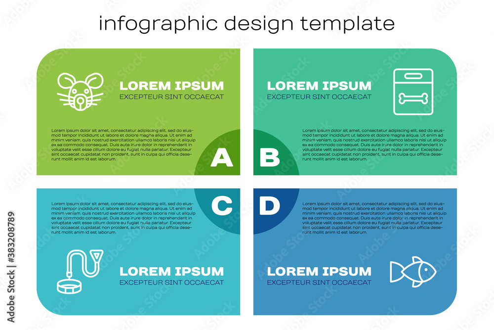 Set line Collar with name tag, Rat head, Fish and Dog bone. Business infographic template. Vector.