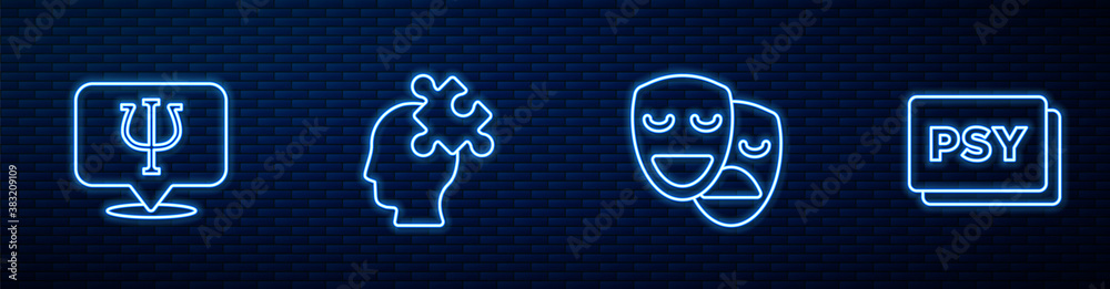 Set line Comedy and tragedy masks, Psychology, Psi, Solution to the problem and . Glowing neon icon 