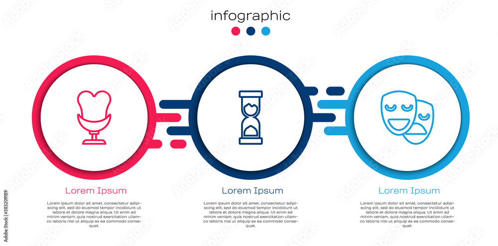 Set line Armchair, Old hourglass and Comedy and tragedy masks. Business infographic template. Vector