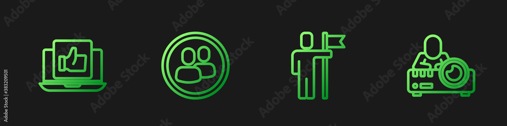 Set line Team leader, Hand like, Project team base and Media projector. Gradient color icons. Vector