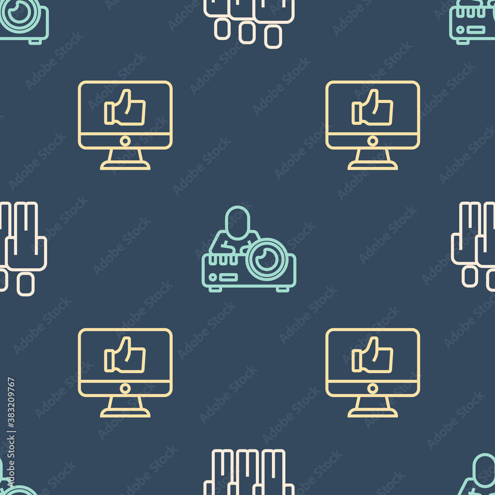 Set line Users group, Hand like and Media projector on seamless pattern. Vector.