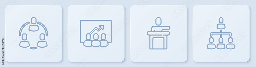 Set line Project team base, Speaker, and Hierarchy organogram chart. White square button. Vector.