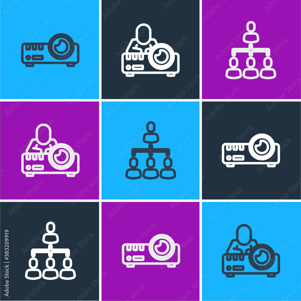 Set line Media projector, Hierarchy organogram chart and icon. Vector.