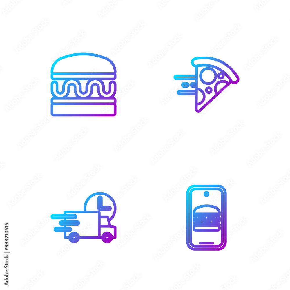 Set line Online ordering and delivery, Fast by car, Burger and pizza. Gradient color icons. Vector.