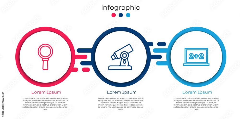 Set line Magnifying glass, Microscope and Chalkboard. Business infographic template. Vector.