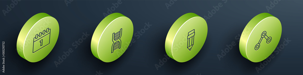 Set Isometric Calendar first september date, DNA symbol, Pencil with eraser and Molecule icon. Vecto