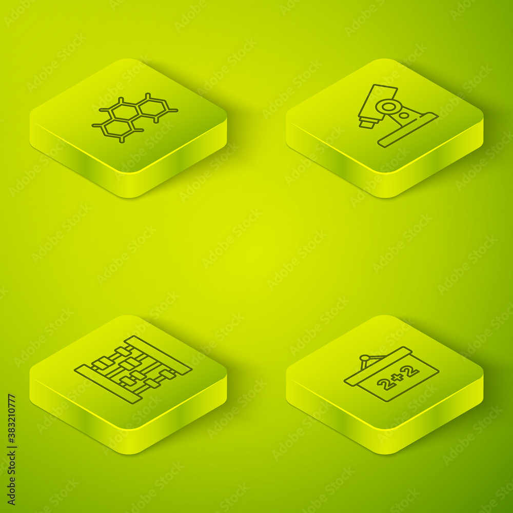 Set Isometric Microscope, Abacus, Chalkboard and Chemical formula icon. Vector.