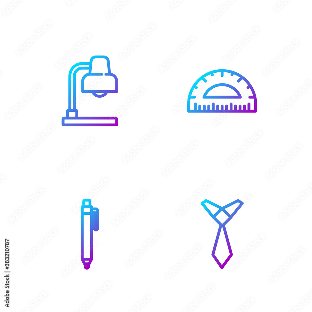 Set line Tie, Pen, Table lamp and Protractor. Gradient color icons. Vector.