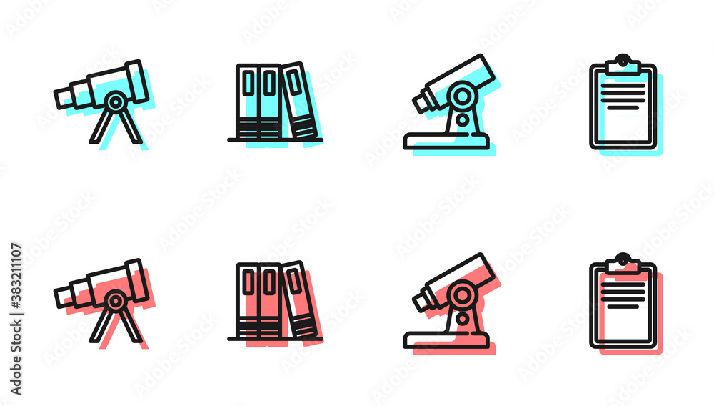 Set line Microscope, Telescope, Office folders and Clipboard with checklist icon. Vector.