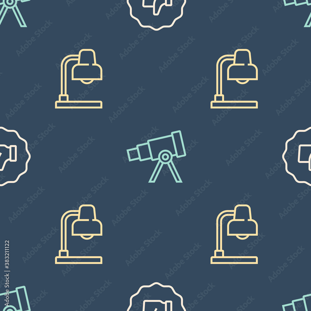 Set line Hand thumb up, Table lamp and Telescope on seamless pattern. Vector.