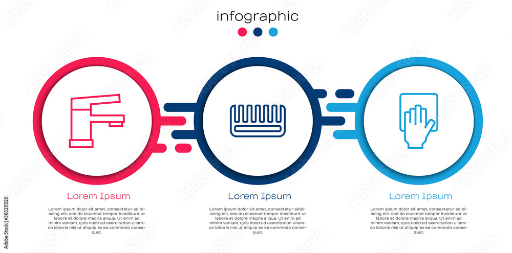 Set line Water tap, Hairbrush and Cleaning service. Business infographic template. Vector.