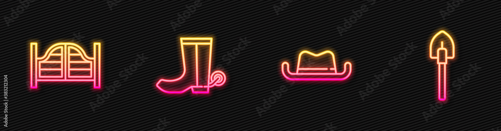 Set line Western cowboy hat, Saloon door, Cowboy boot and Shovel. Glowing neon icon. Vector.