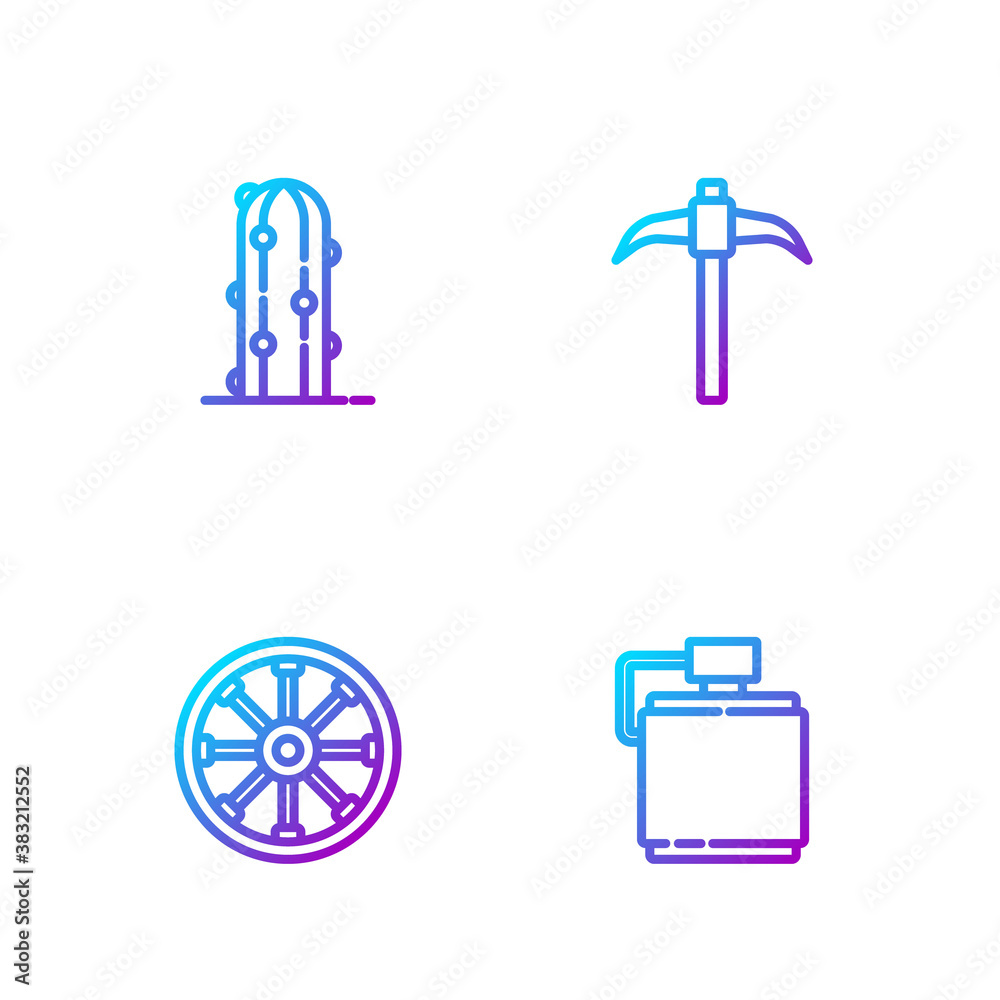 Set line Canteen water bottle, Old wooden wheel, Cactus and Pickaxe. Gradient color icons. Vector.