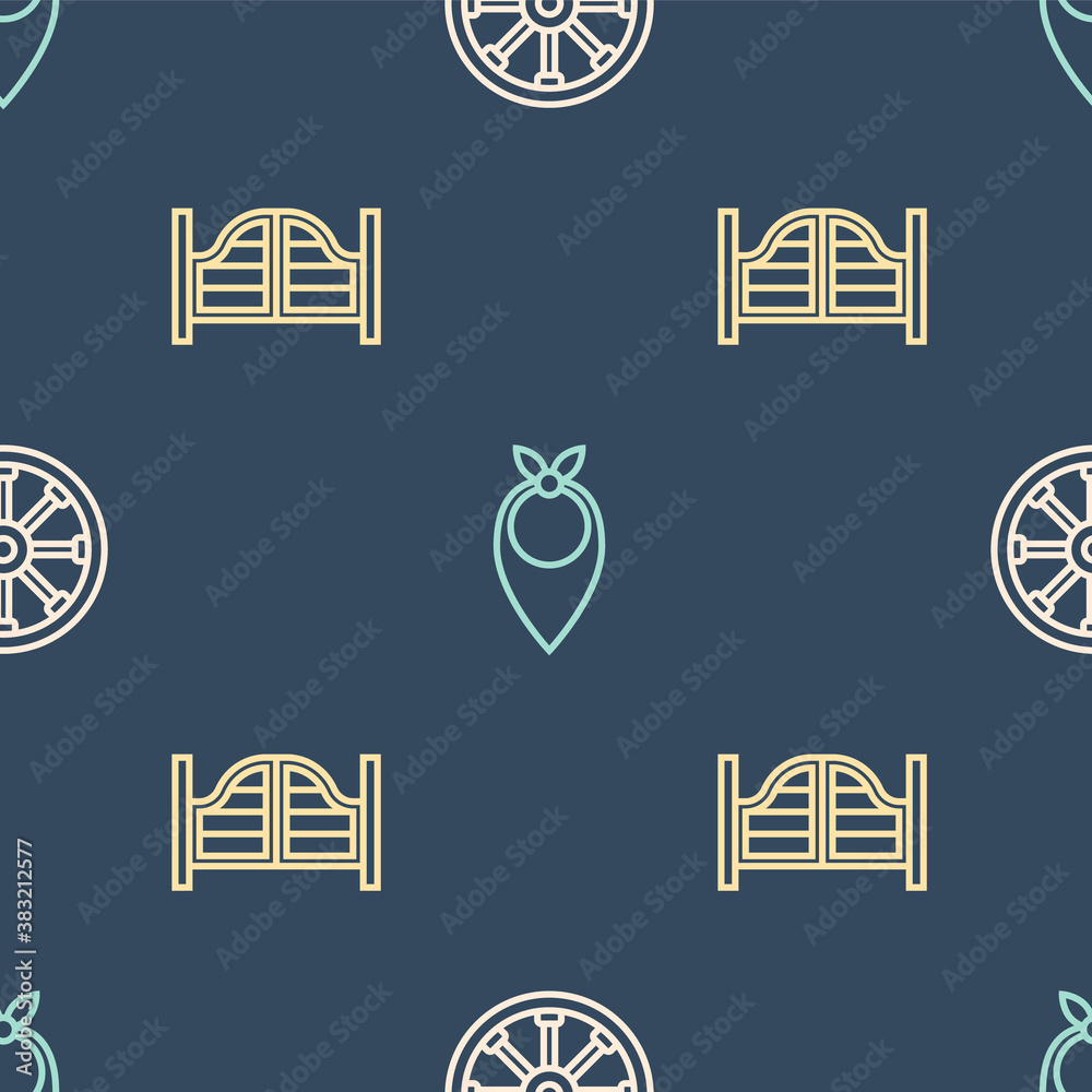 Set line Old wooden wheel, Saloon door and Cowboy bandana on seamless pattern. Vector.