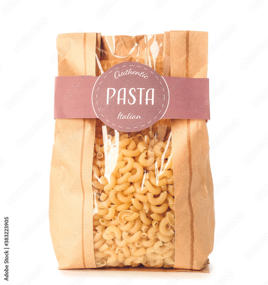 Bag with uncooked Italian pasta on white background