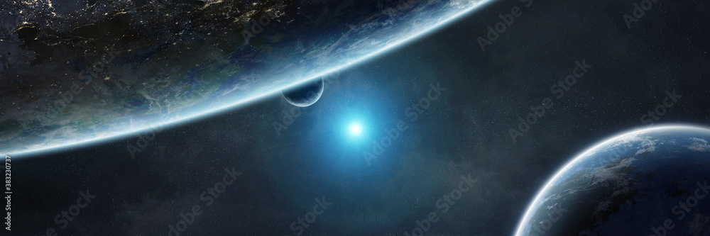 Panoramic space planets background. Panorama of distant solar system with exoplanets 3D rendering el