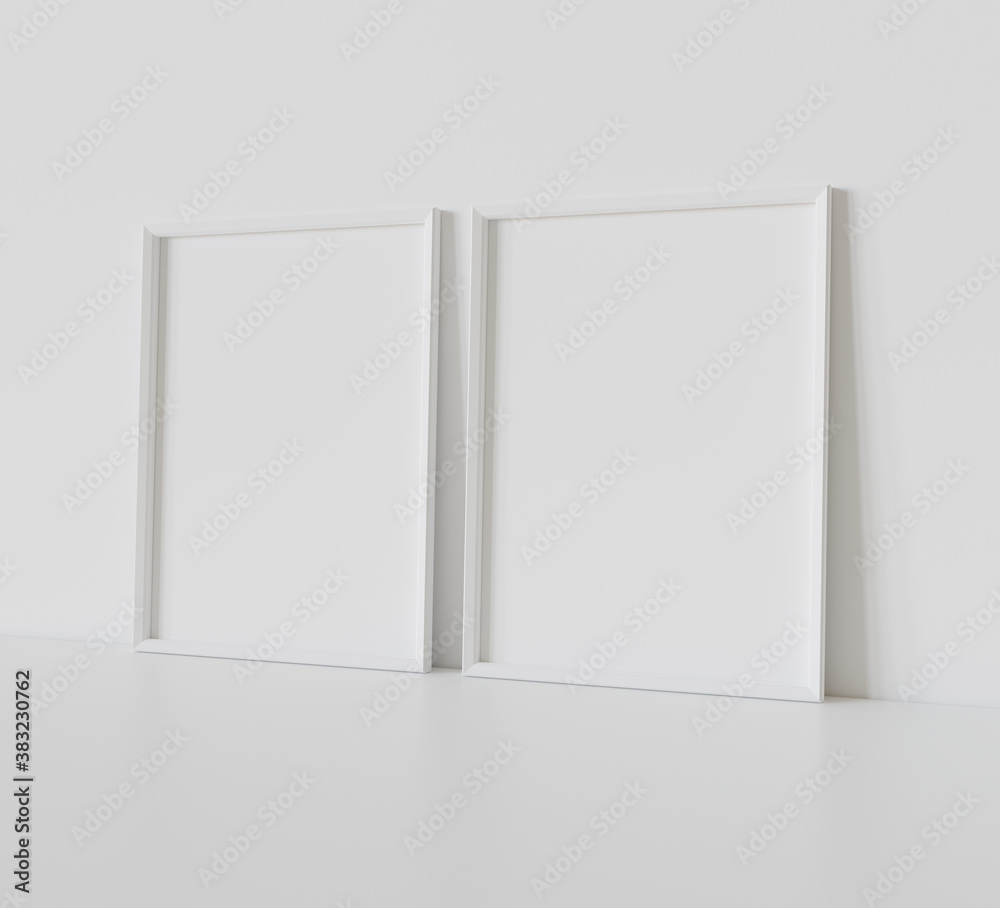 Two white frames leaning on white floor in interior mockup. Template of pictures framed on a wall 3D