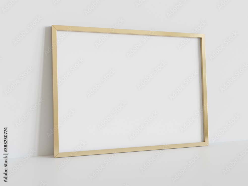 Golden frame leaning on white floor in interior mockup. Template of a picture framed on a wall 3D re