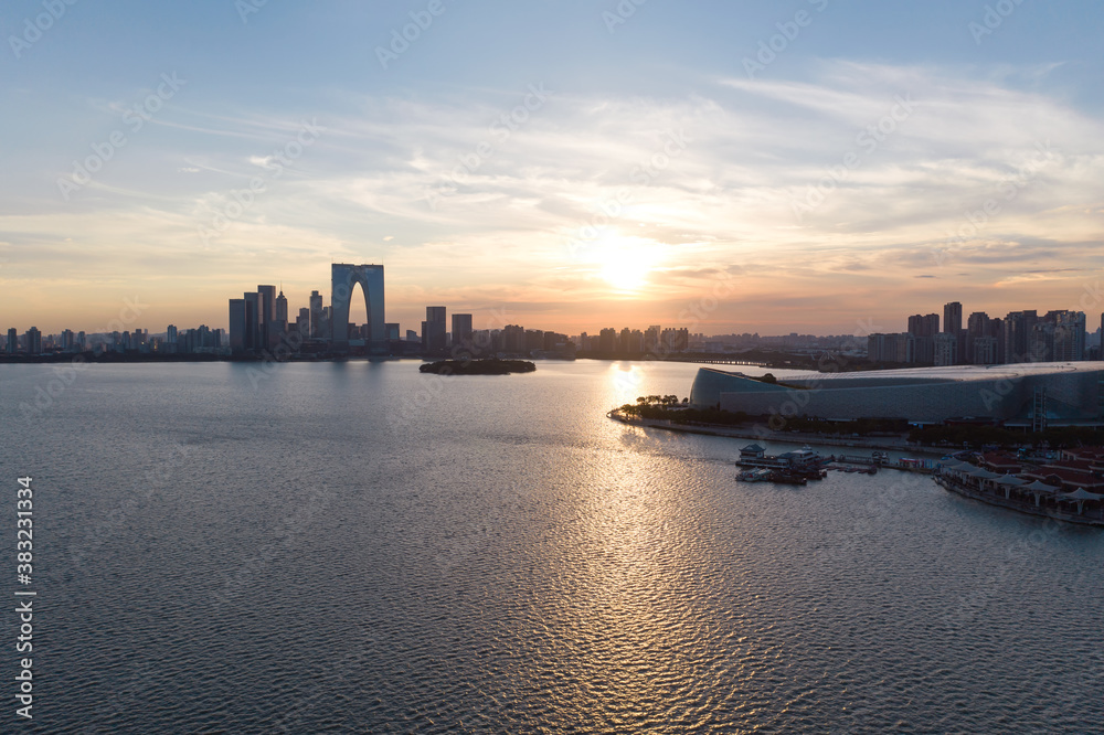 City buildings by Jinji Lake in Suzhou, China.