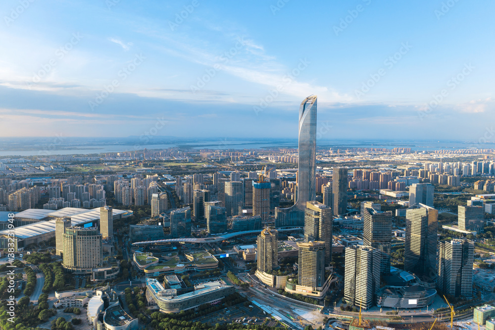 City buildings by Jinji Lake in Suzhou, China.