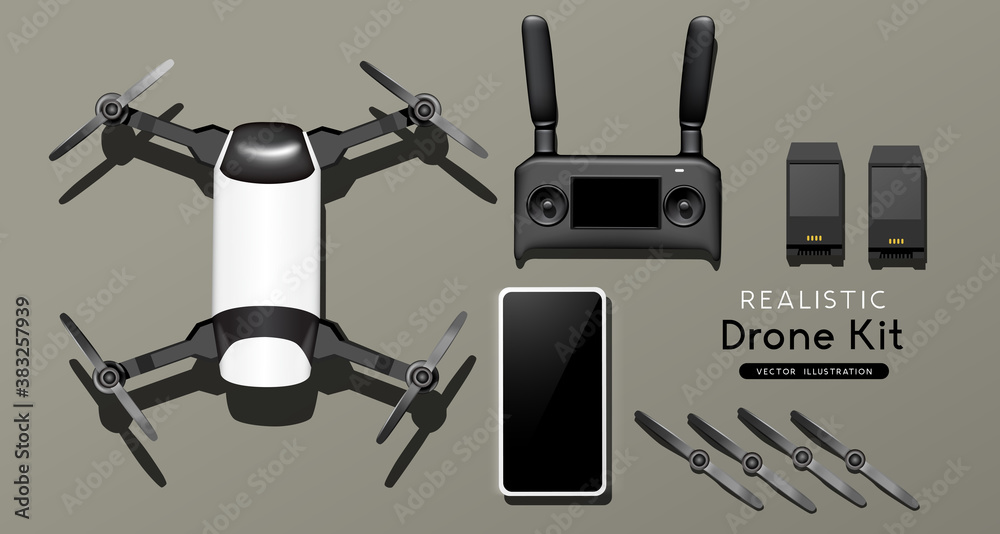 A flight drone and controller set. top view, flat lay composition. Realistic vector illustration.