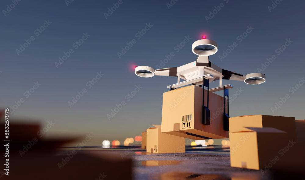 A delivery Drone with parcels ready to take off. Future Logistics 3D Illustration