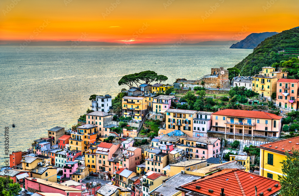 Castle of Riomaggiore at sunset - the Cinque Terre, UNESCO world heritage in Italy