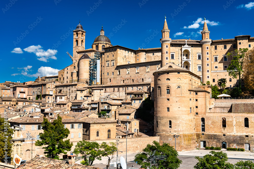 View of Urbino with the Ducal Palace. UNESCO world heritage in Marche, Italy