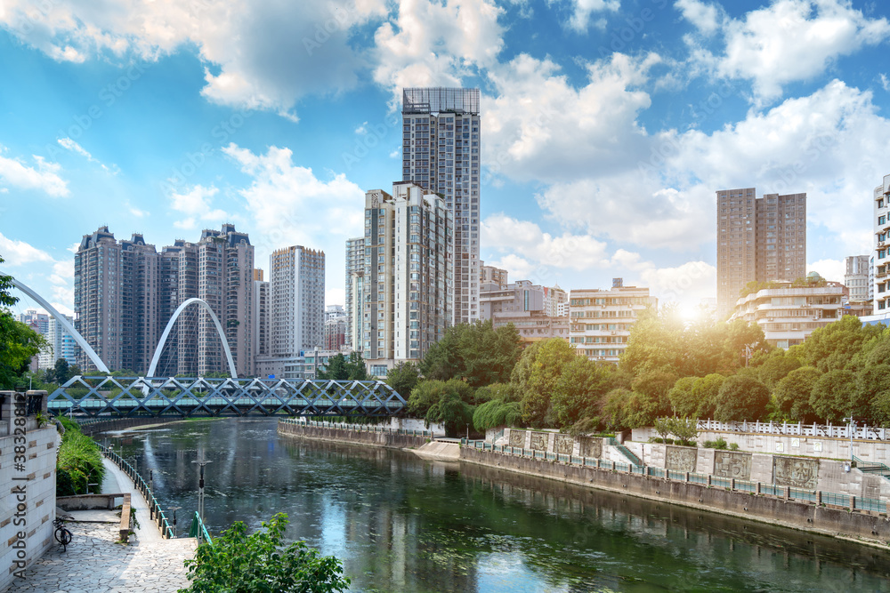 Modern tall buildings and bridge, Guiyang city landscape, China.