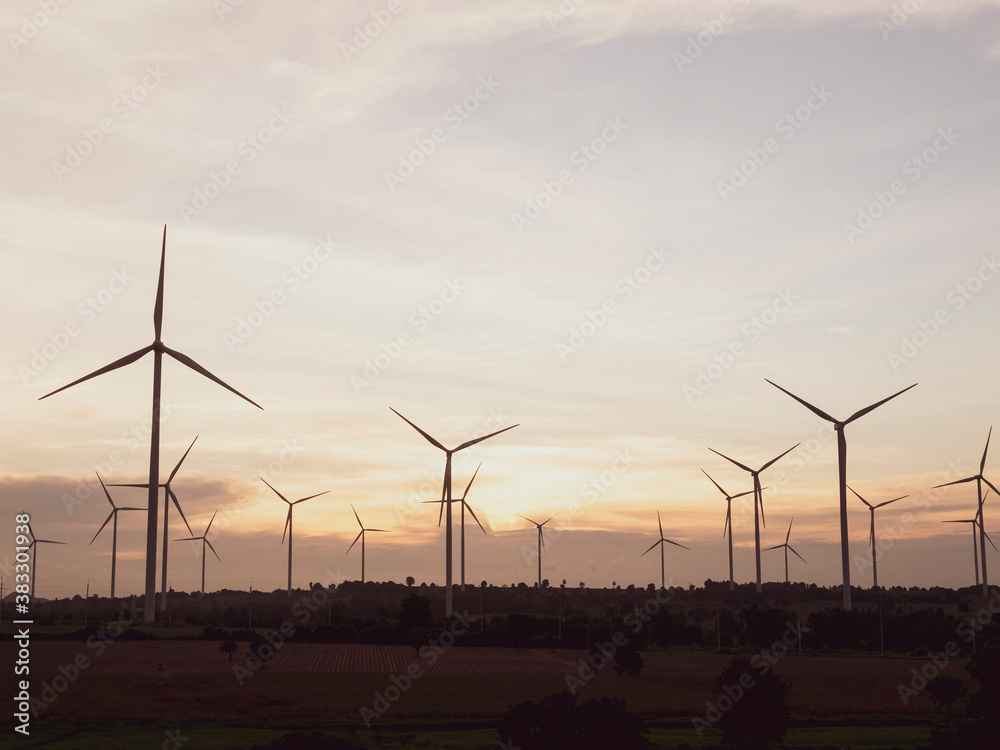 Field of wind generating electricity during sunset, windmills with beautiful sky, Renewable energy c