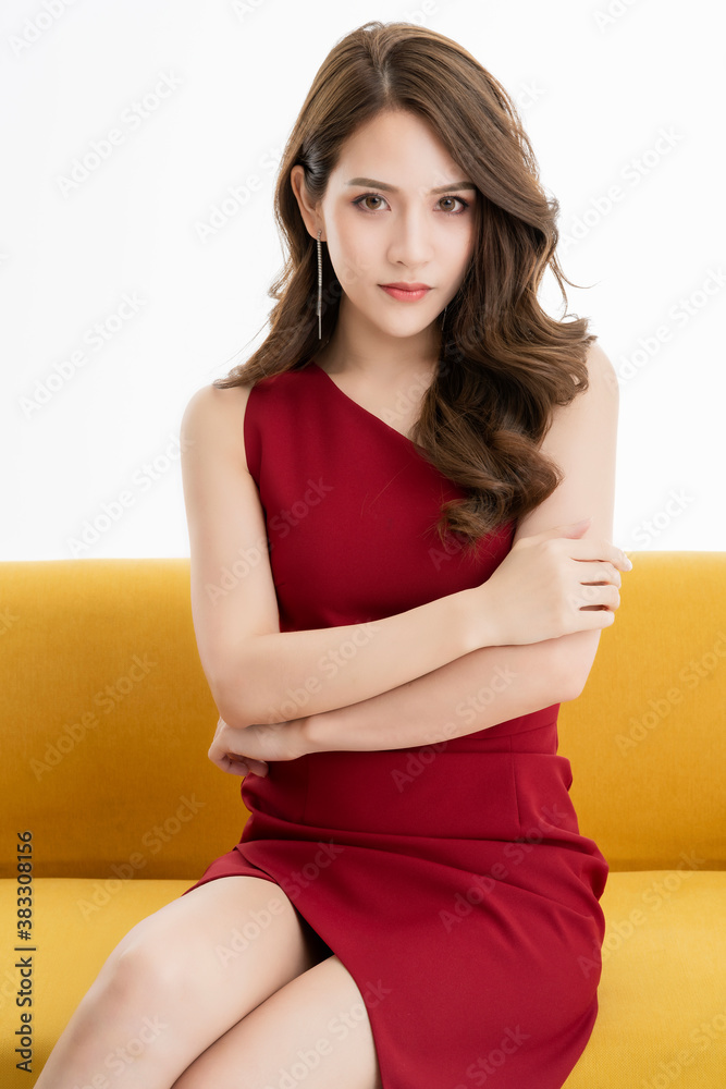 attractive asian female woman glamorous beauty skin concept wear red dress sit relax isolate white b