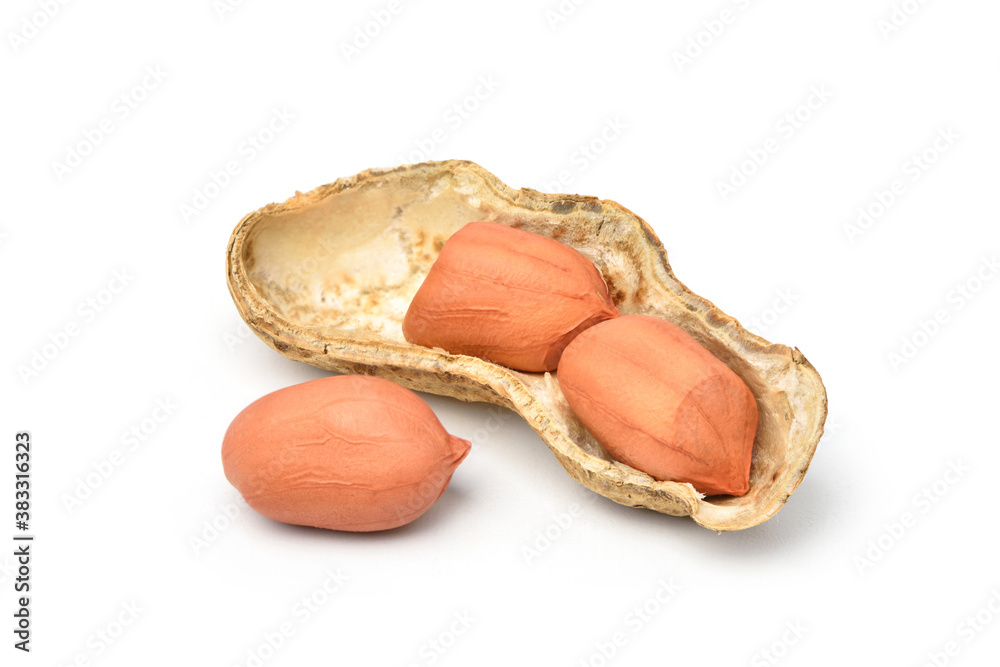 Close-up of peanuts isolated on white background.