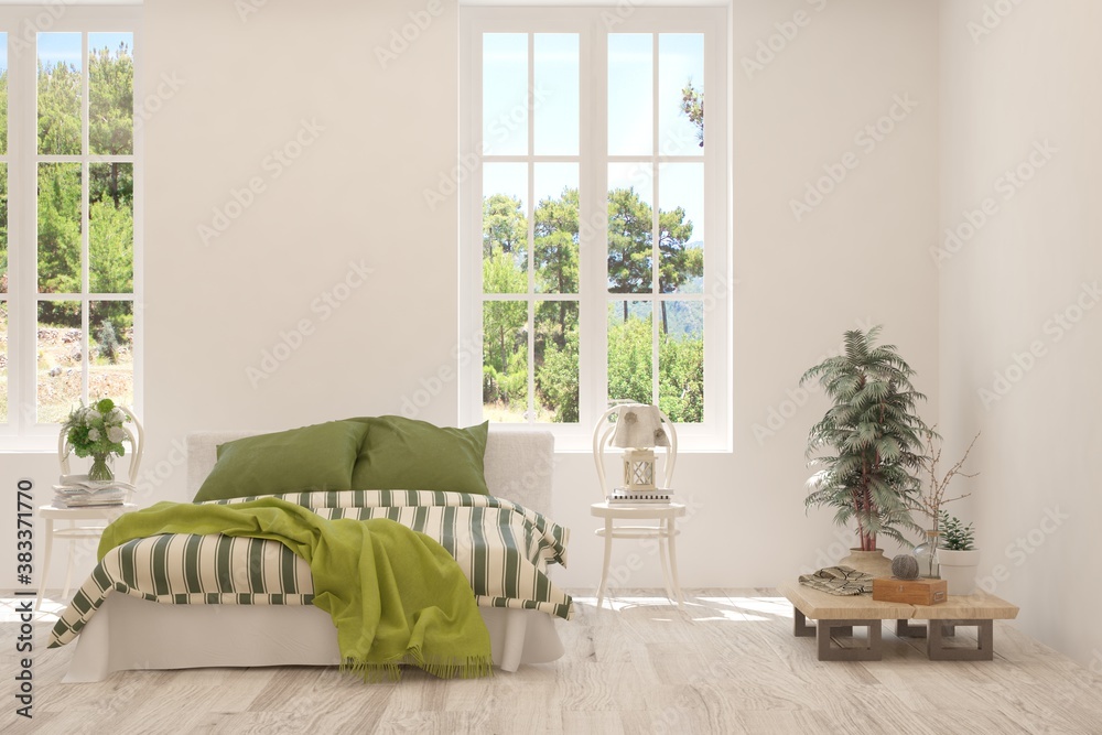 Stylish bedroom in white color with summer landscape in window. Scandinavian interior design. 3D ill