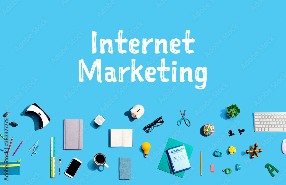 Internet marketing with collection of electronic gadgets and office supplies