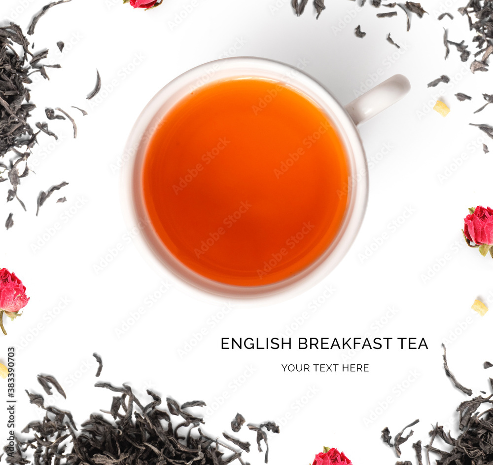 Creative layout made of cup of tea, english breakfast.Flat lay. Food concept.