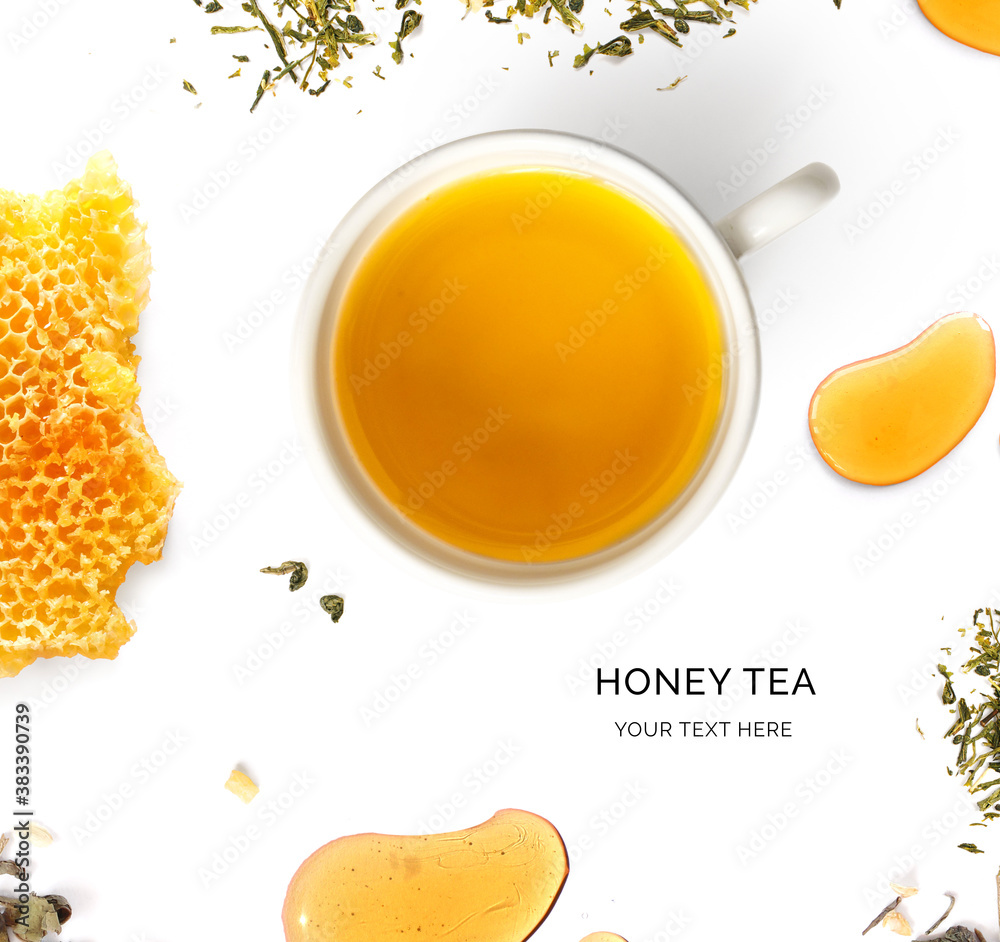 Creative layout  cup of honey tea,green tea, on white background.Flat lay. Food concept.