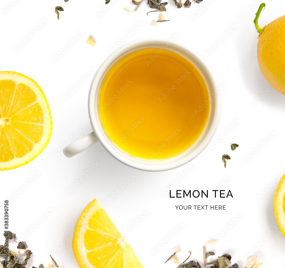 Creative layout made of lemon tea cup on white background.Flat lay. Food concept.